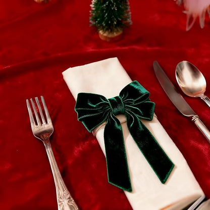 Dark Green Velvet Bow Napkin Rings Set of 12 - Luxury Soft Velvet Napkin Holders, Elegant Bow Design for Christmas Holiday Dinner Wedding Party Table Decor