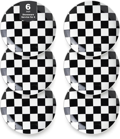 Black and White Checkered Small Dessert Plates Set of 6-6 Inch Ceramic Plates, Microwave & Dishwasher Safe, Minimalist Decorative Platters for Desserts