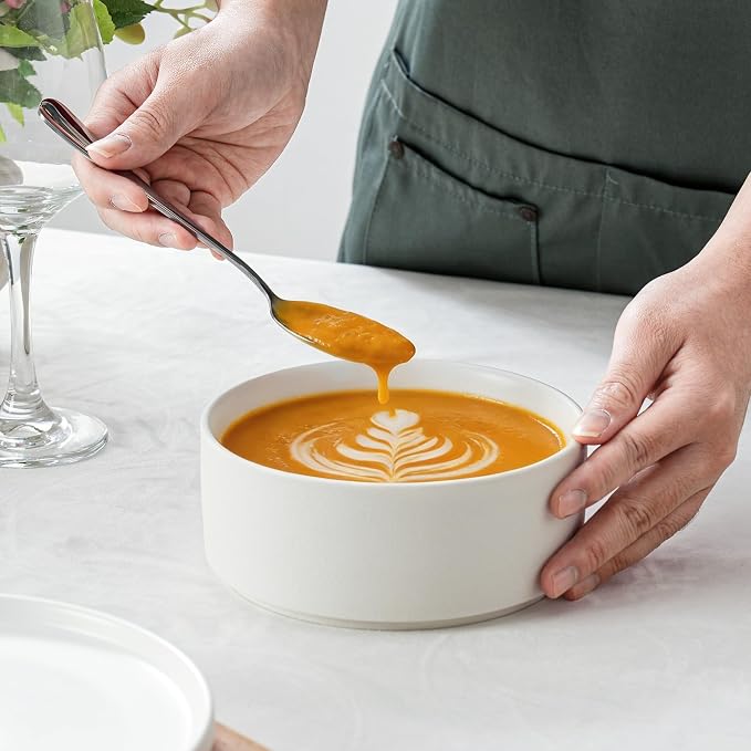 26 OZ Ceramic Cereal Bowls Set, 6 Inch, Modern White | Handcrafted, Dishwasher - Image 4