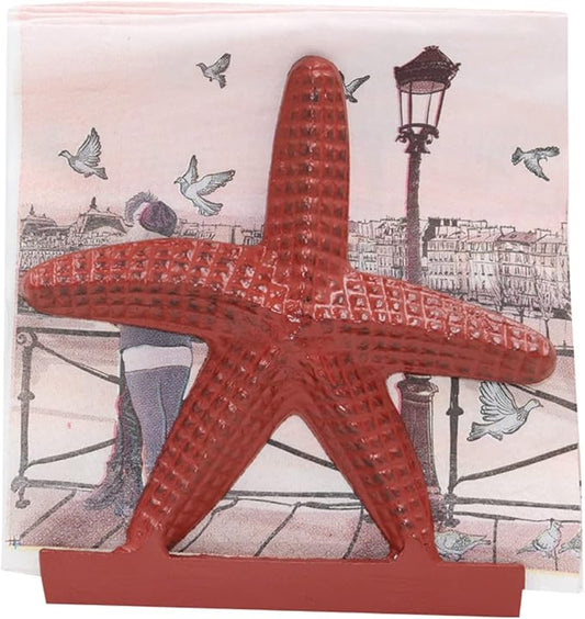 Nautical Starfish Lunch Dinner Metal Napkin Holder Kitchen Beverage Cocktail Ocean Coastal Napkin Holder By The Metal Magician (Distressed Red)