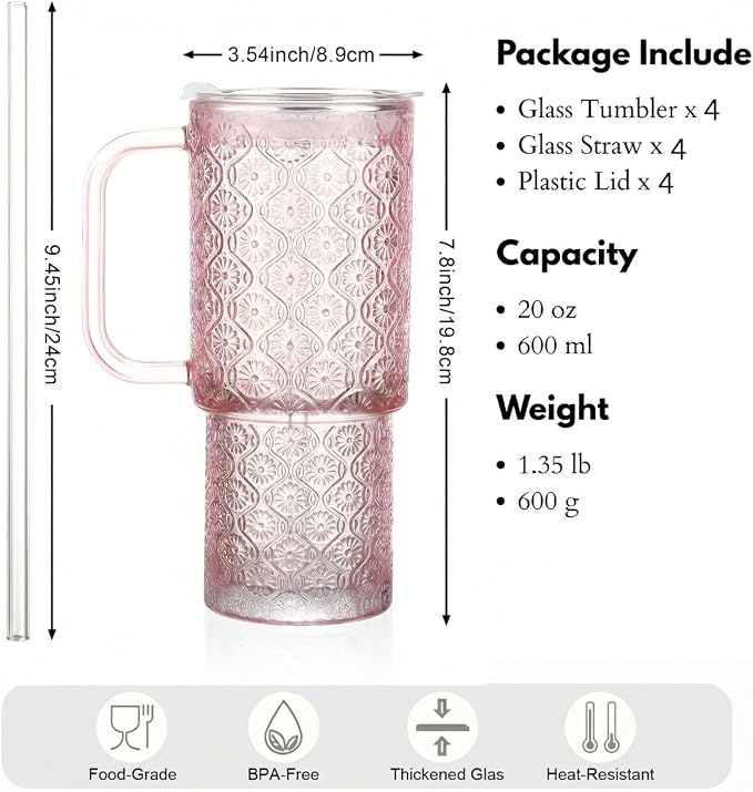 20 oz Pink Glass Tumbler with Lid and Straw, Glass Iced Coffee Cups, - Image 2