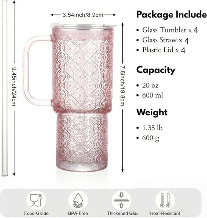 20 oz Pink Glass Tumbler with Lid and Straw, Glass Iced Coffee Cups, - Image 2