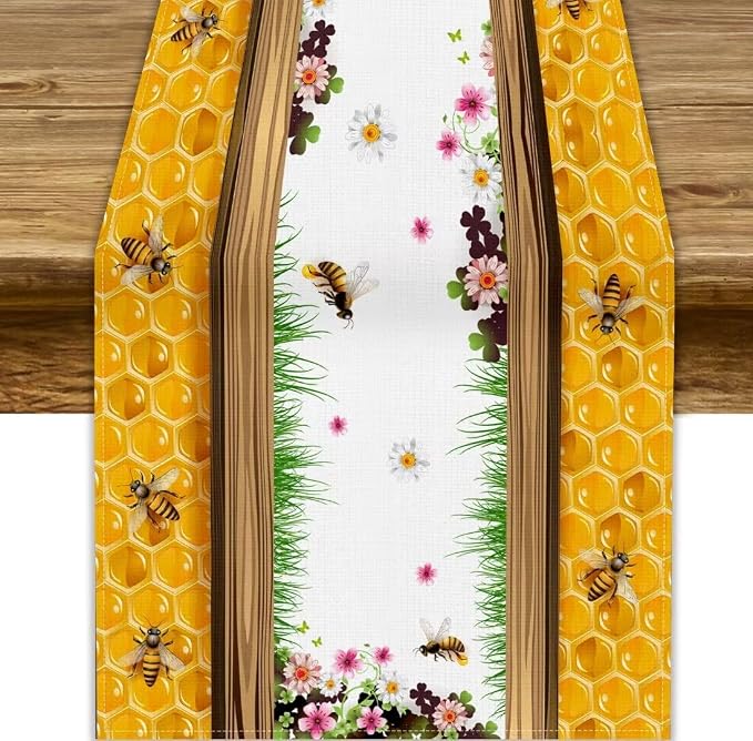 Watercolor Honeycomb Table Runner, Farmhouse Spring Summer Autumn Fall Floral by JanJCurt