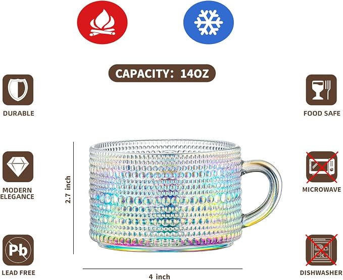 Gezzeny Vintage Glass Coffee Mugs 14 Oz Set of 2 Iridescent Embossed, Tea Cups - Image 7