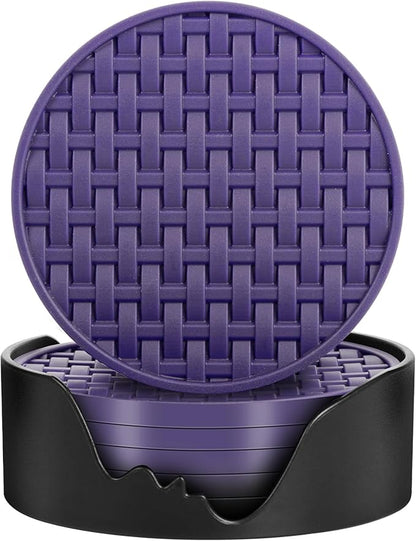 Purple Silicone Coasters with Holder, 4 Inches Non-Slip Decorative Cup Mats for Drinks, Heat Resistant & Waterproof Round Coaster Set of 6 for Home, Office, Kitchen, Bar Table