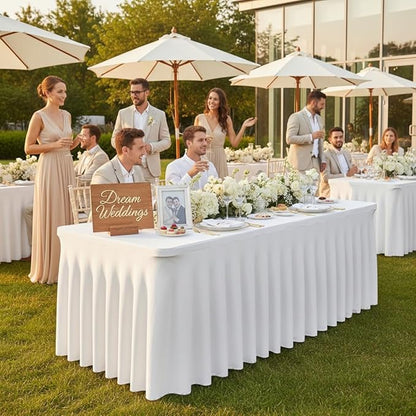 6FT White Rectangle Tablecloth with Elastic Table Skirt – Wrinkle-Free Spandex Stretch Fitted Table Cover for Wedding Birthday Party Banquet Buffet Restaurant Event