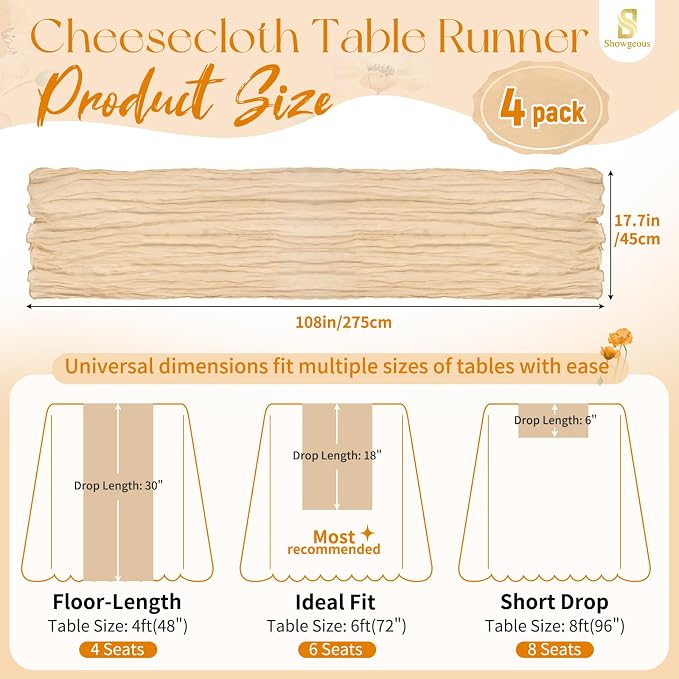 Showgeous 4 Pack Nude Cheesecloth Table Runner, 17 x 108 Inches | Boho - Image 2