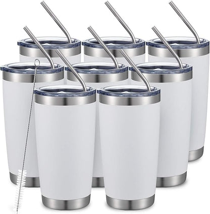 COMOOO 20oz/8Pack White Tumbler Double Wall Vacuum Insulated Coffee Travel Mug Stainless Steel Tumbler Bulk with Lid and Straw Powder Coated Insulated Coffee Cup for Cold & Hot Drinks (White, 8 Pack)