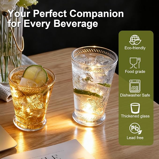 8 Pack Embossed Vintage Mixed Drinking Glasses, 12 Oz & 9 Oz Glasses | Embossed - Image 4