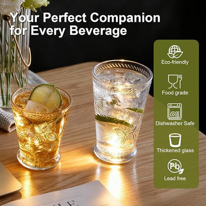 8 Pack Embossed Vintage Mixed Drinking Glasses, 12 Oz & 9 Oz Glasses | Embossed - Image 4