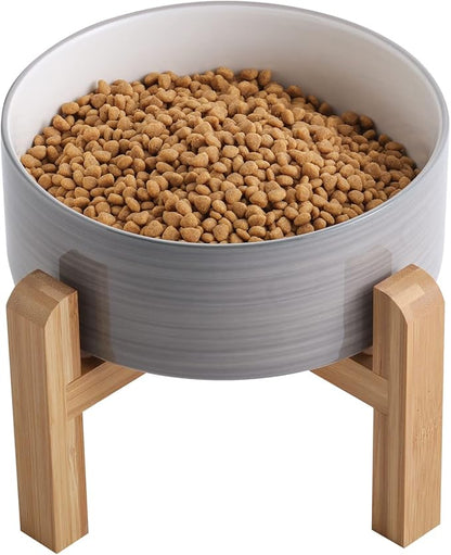 Elevated/Raised Dog Bowl Ceramic with Wood Stand for Small Medium Breed,Dog Food Water Dish Heavy, 6 in Non Slip Modern Cute Porcelain Pet Bowl Grey White