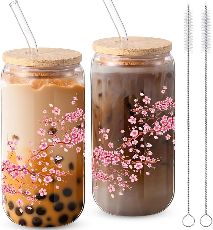 Sliner 2 Pcs Cherry Blossom Glass Cups Floral Drinking Glasses Sakura Iced by Sliner