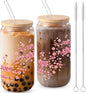 Sliner 2 Pcs Cherry Blossom Glass Cups Floral Drinking Glasses Sakura Iced by Sliner