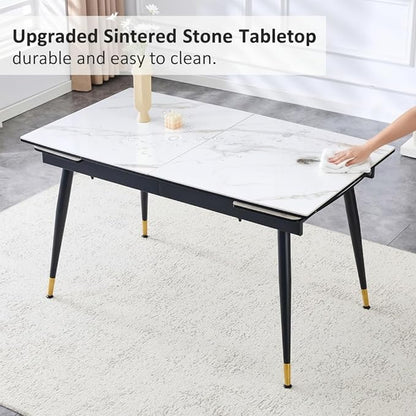 Extendable Dining Table Set for 6, 55'' to 78.8'' Rectangular Thickened Sintered Stone Kitchen Table with 6 Upholstered Chairs, Modern Space Saving 7-Piece Dinner Table Set