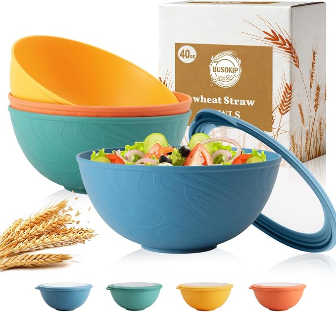 Wheat Straw Bowls 40 OZ, Unbreakable Salad Container by BUSOKIP