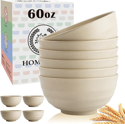 Unbreakable Large Salad Bowls Set of 6, 60oz Large Wheat Straw Bowls by HOMIENLY
