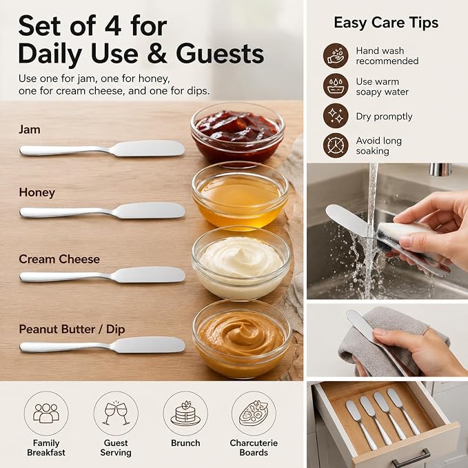4 Pack Stainless Steel Butter Spreader Knives Jam Cream Spread Utensils | - Image 8