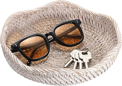 Hipiwe Decorative Key Tray Rattan Storage Bowl Food Serving Basket for Fruit Bread Candy Handwoven Basket Tray for Entryway Table Kitchen, Whitewash 8.6 Inch