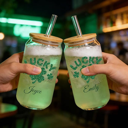 Mason Life St Patrick's Day Personalized Glass Tumbler, 18 OZ Cute Glass Cup with Lid and Straw, Lucky Clover Beer Can Glass, Personalized St.Patrick's Day Gift for Women Girls