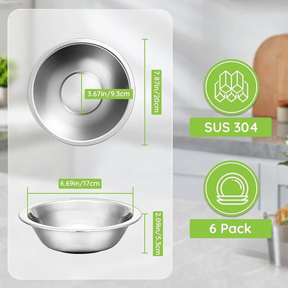 304(18/8) Stainless Steel Mixing Bowls for Kitchen, 6 Pack 7.8" 28.89 fl.oz Metal Mixing Bowls Set Stackable for Baking Serving Cooking Food Prep Storage Dishwasher Safe Lightweight