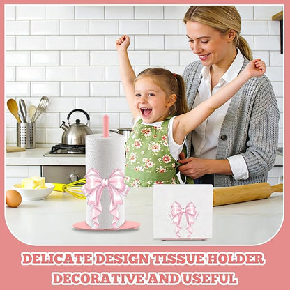 Pink Bow Paper Towel Holder, Pink Countertop Kitchen Decor Indoor with Round Base, Bows Lover Gifts, Iron Bow Napkin Holder Stand Accessories for Bathroom Kitchen Dining, 2 PCS