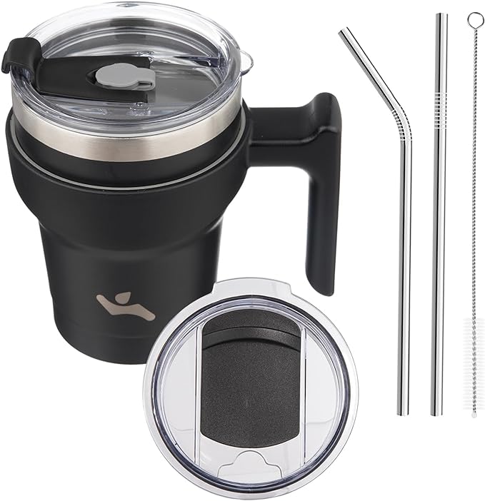 Konokyo 10 oz Tumbler with Handle and Straw, Insulated Travel Mug | Black; by Konokyo