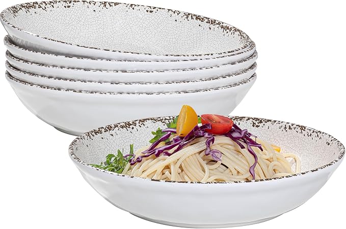 Rustic White Melamine Pasta Bowls, 6 Pack 9.25 inch Serving Bowls, Wide and by ZAROCRUS