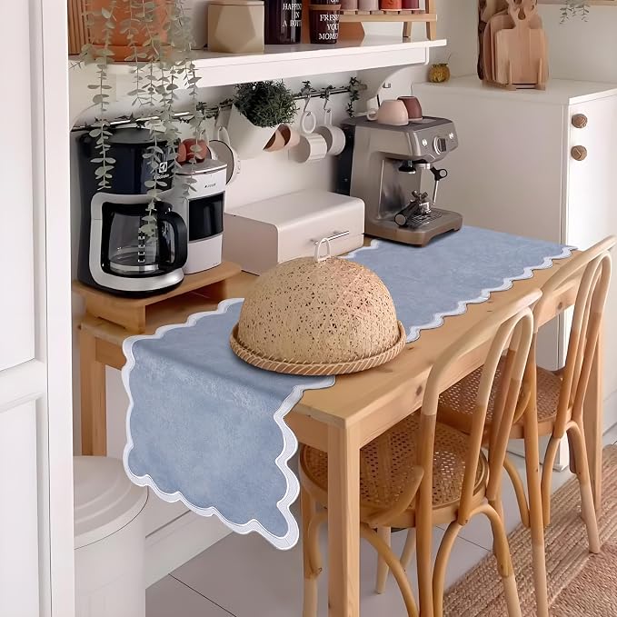 Small Dusty Blue Table Runner 15x36 Inch, Vintage Scalloped Coffee Table Cover - Image 7