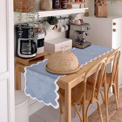 Small Dusty Blue Table Runner 15x36 Inch, Vintage Scalloped Coffee Table Cover - Image 7