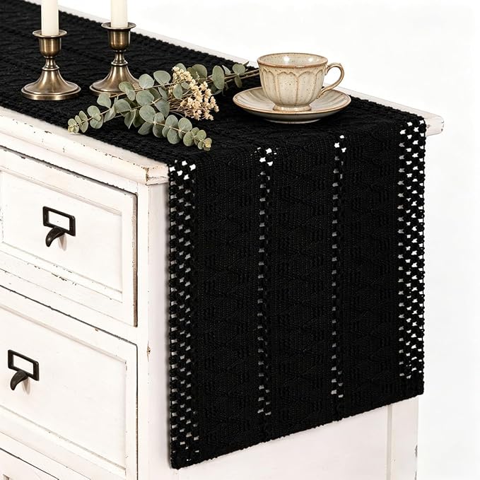 Black Boho Table Runner Farmhouse Macrame Woven Table Runner 12x60 Inch | Small by MLMC