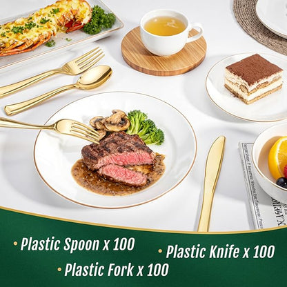 WDF300 Pieces Gold Plastic Silverware - Heavy Duty Disposable Cutlery Set Plastic Gold Silverware Set Includes 100 Forks, 100 Spoons, 100 Knives for Party Valentine’s Day