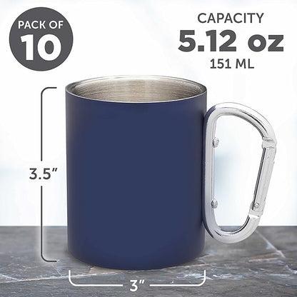 DISCOUNT PROMOS Stainless Steel Mugs with Carabiner Handle 10 oz. Set of 10, Bulk Pack - Perfect for Coffee, Soda, Other Hot & Cold Beverages - Navy Blue