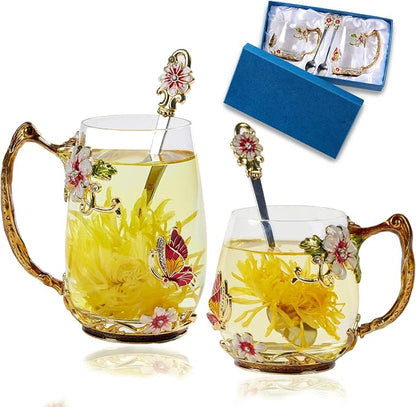 Tea Cup Glass Coffee Mugs, Fancy Tea Cup Set Birthday Christmas Valentine's Day by DUMVOIN