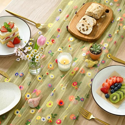Artoid Mode Green Embroidery Daisy Gauze Table Runner 120 Inch 10FT | Seasonal - Image 3