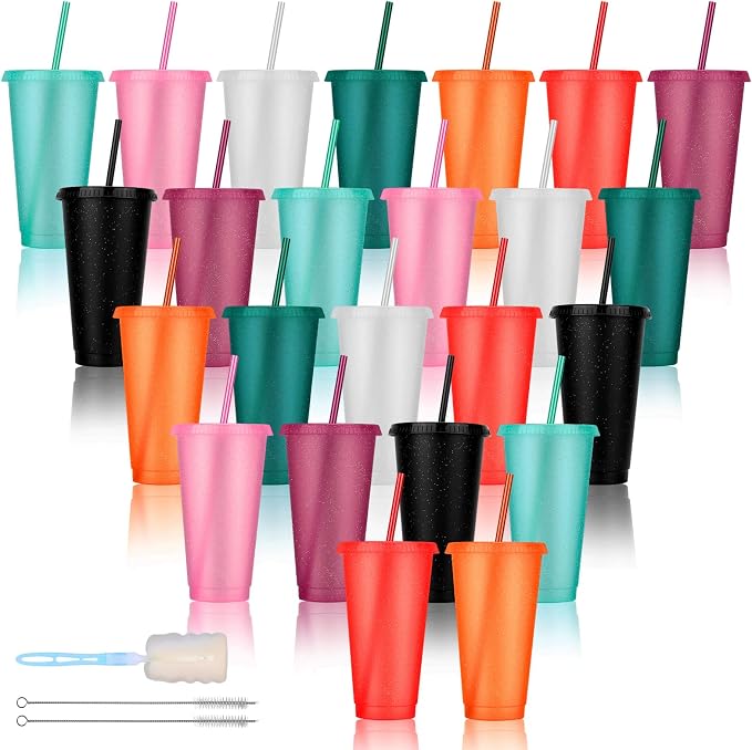 24 Pack Plastic Tumblers with Lids and Straw, Reusable Cups with Lids and by LEIFEOSH