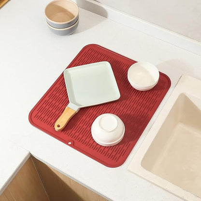 Silicone Dish Drying Mat for Multiple Usage,Easy clean,Eco-friendly,Heat-resistant Silicone Mat for Kitchen Counter or Sink,Refrigerator or Drawer Liner Red XL 18 inches x 16 inches