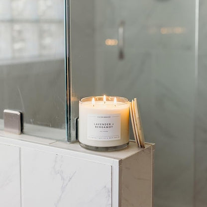 Calyan Wax Co. Lavender & Bergamot 3 Wick Scented Candle - 43 Hour Burn - Luxury 3 Wick Soy Candles - Non Toxic Soy Wax Candles - Long Lasting Large Glass Jar Candle for Home - 14.9oz