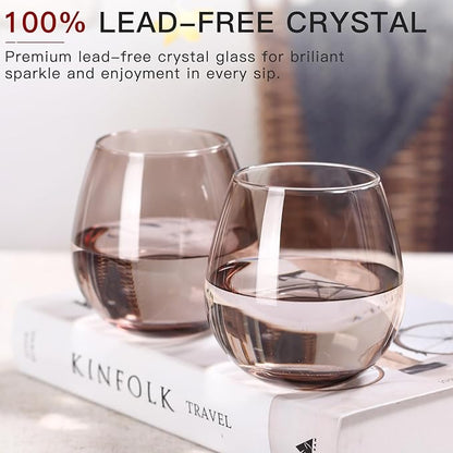 Colored Stemless Wine Glasses Set of 6-15 oz -Modern Hand-Blown Wine Glasses, European Design Crystal Glass For Red & White Wine, Unique Gifts for Wedding, Birthday(Smokey Grey)