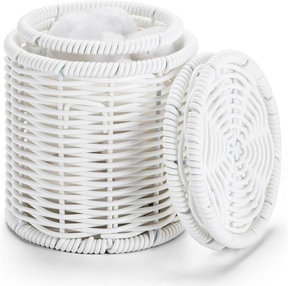 Rattan Jars,Decorative Storage Boxes with Lids,Rattan Bathroom Accessories,Rattan Desk Organizer,for Office,Dressing Table,Dental floss picks, cotton swab holders Home Decoration,White（DP056）