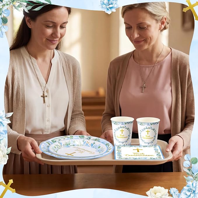 Pickmesh 250 Pcs Blue First Holy Communion Disposable Tableware Set God Bless - Image 6