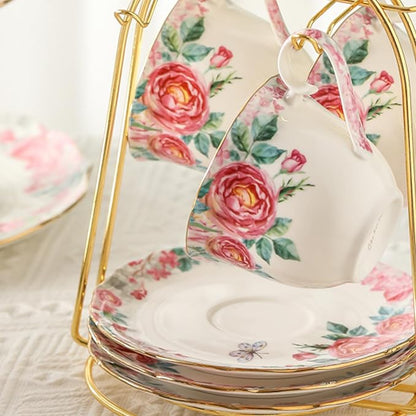 15 Piece British Bone China Tea Cup Sets, Elegant red Rose Pattern, Cups and - Image 6
