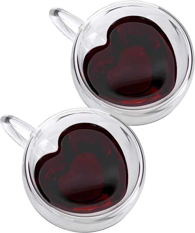 CNGLASS Double Wall Heart Shaped Glass Coffee Mugs 5oz, Insulated Clear Tea Cups by CNGLASS