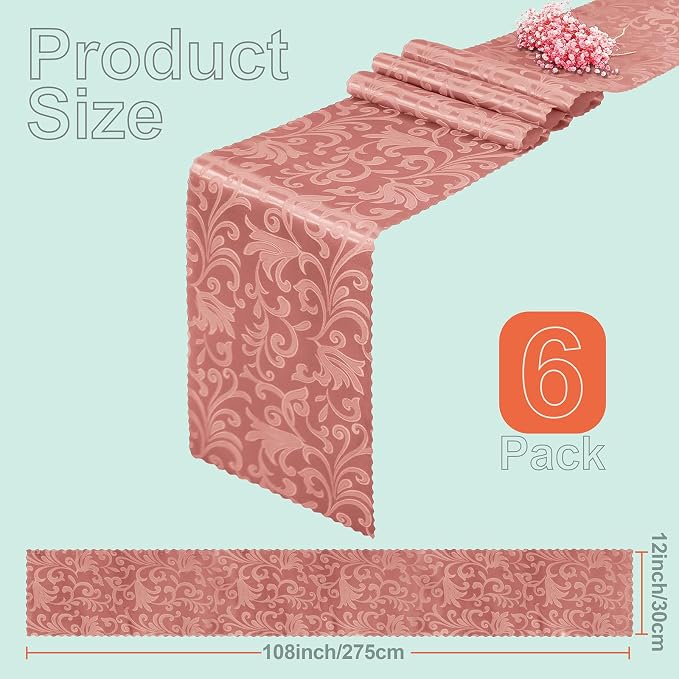 Rose Gold Damask Satin Table Runner 12 x 108 Inch, 6 Pack | Bright Smooth Damask - Image 3