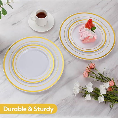 Goodluck 200PCS Gold Plastic Plates, Heavy Duty Disposable Gold Plates with 100 10.25 inch Dinner Plates and 100 7.5 inch Dessert Plates for Party, Holiday, Wedding, Thanksgiving