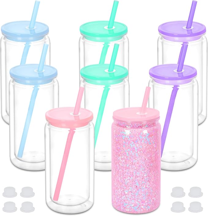 16 oz Plastic Snow Globe Tumbler, 8 Pack Double Wall Snowglobe Tumbler by Micellwuu