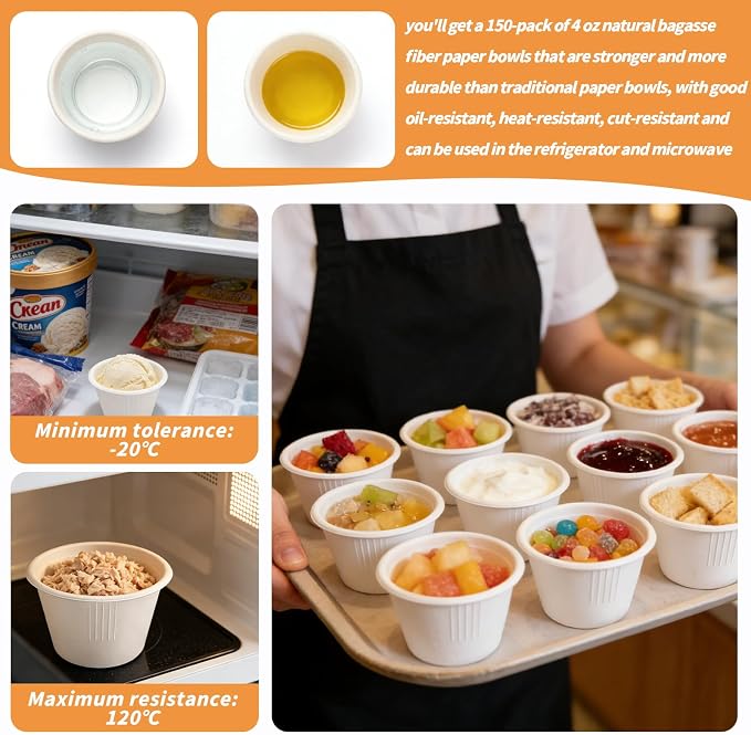 LeonBach 150 Pack 4 oz Natural Bagasse Fiber Paper Bowls, Small Disposable - Image 5