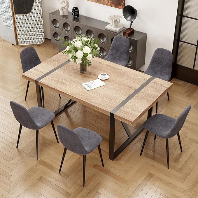 7 Piece Dining Table Set for 6,Modern 71'' Rectangle Wood Dining Table and Fabric Dining Chairs 6,Kitchen Table and Chairs for 6,Ideal for Kitchen Dining Room