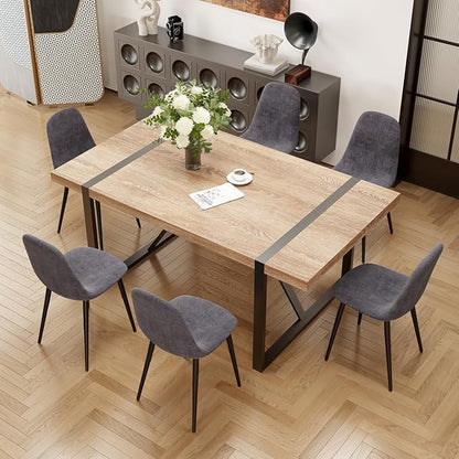 7 Piece Dining Table Set for 6,Modern 71'' Rectangle Wood Dining Table and Fabric Dining Chairs 6,Kitchen Table and Chairs for 6,Ideal for Kitchen Dining Room