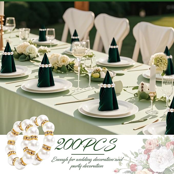 200 Pcs Pearl Napkin Rings, Exquisite Gold Napkin Rings Bulk, Suitable - Image 4
