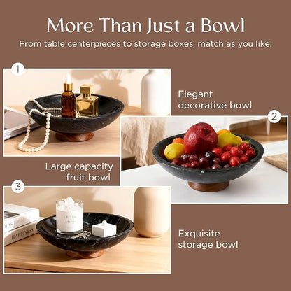 Black Marble Fruit Bowl with Acacia Wood Pedestal, Large Decorative Footed Bowl, Natural Stone Centerpiece for Kitchen Counter, Entryway, Keys, Dining Table, House Warming Gifts New Home(11Inch)